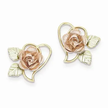 10k Yellow Gold Black Hills Gold Rose inside Scrolled Heart Earrings