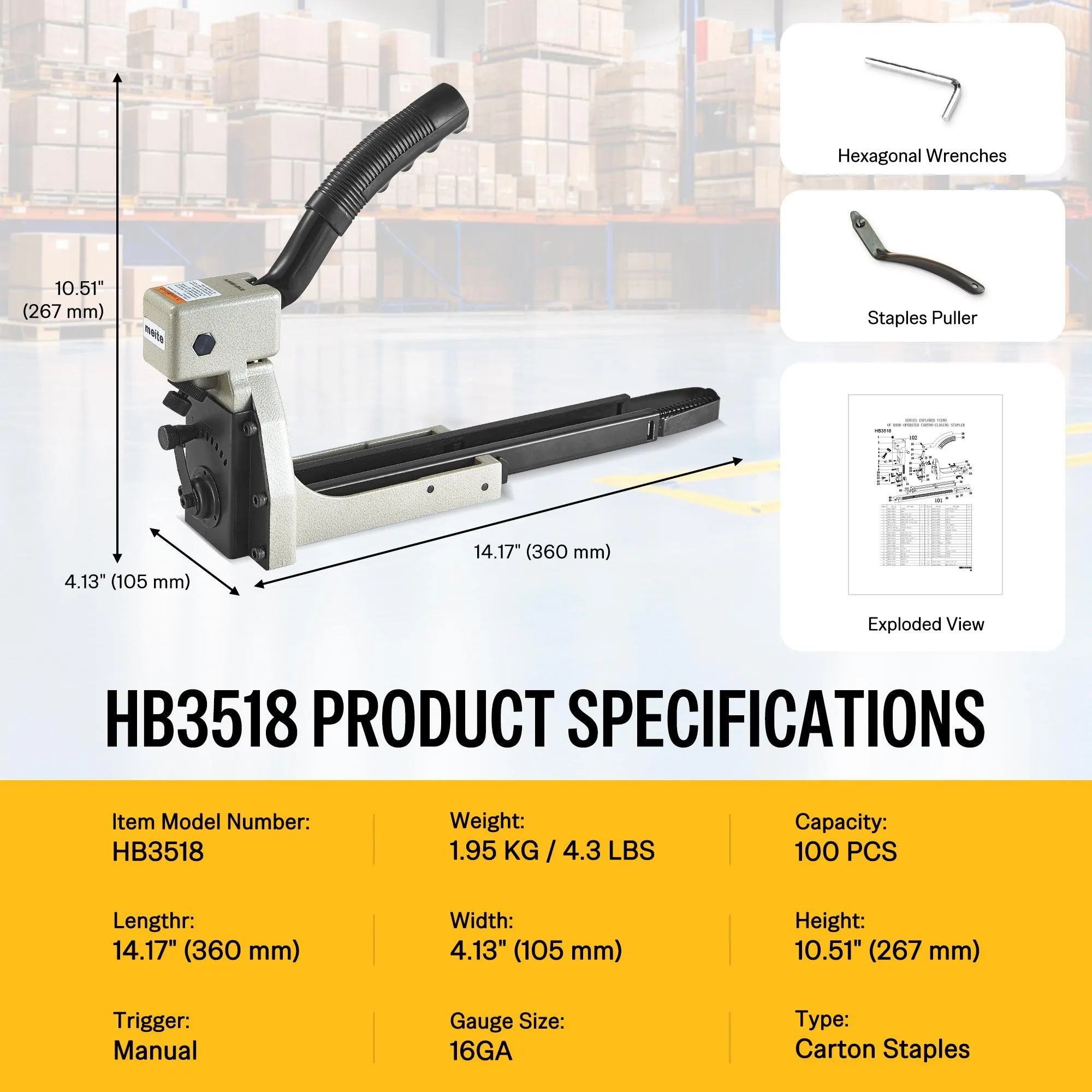 16 Gauge 1-3/8'' Crown 3/4'' Leg Length Manual Carton Closing Stapler - Model HB3518