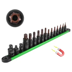 16-Piece Torx Star Bit Socket Set | Magnetic Socket Rail Organizer | T8-T60 Adapters