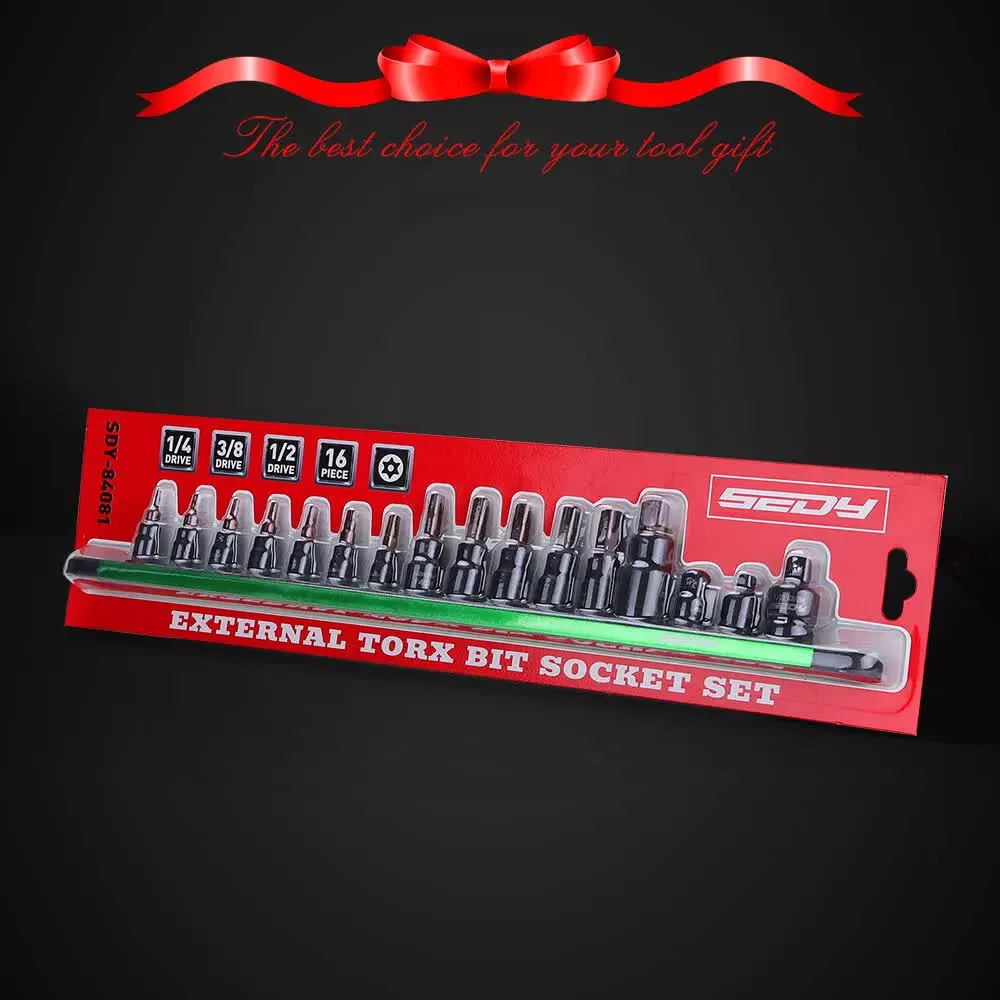 16-Piece Torx Star Bit Socket Set | Magnetic Socket Rail Organizer | T8-T60 Adapters