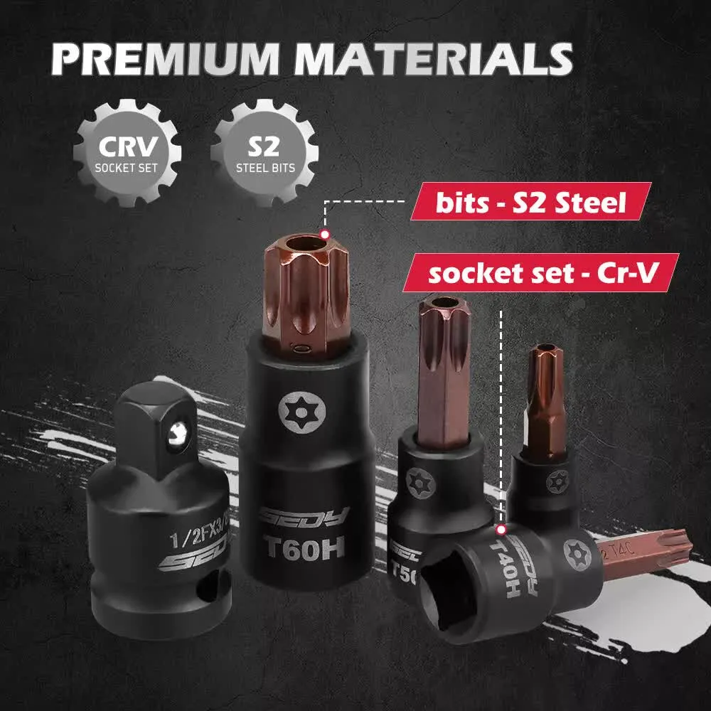 16-Piece Torx Star Bit Socket Set | Magnetic Socket Rail Organizer | T8-T60 Adapters