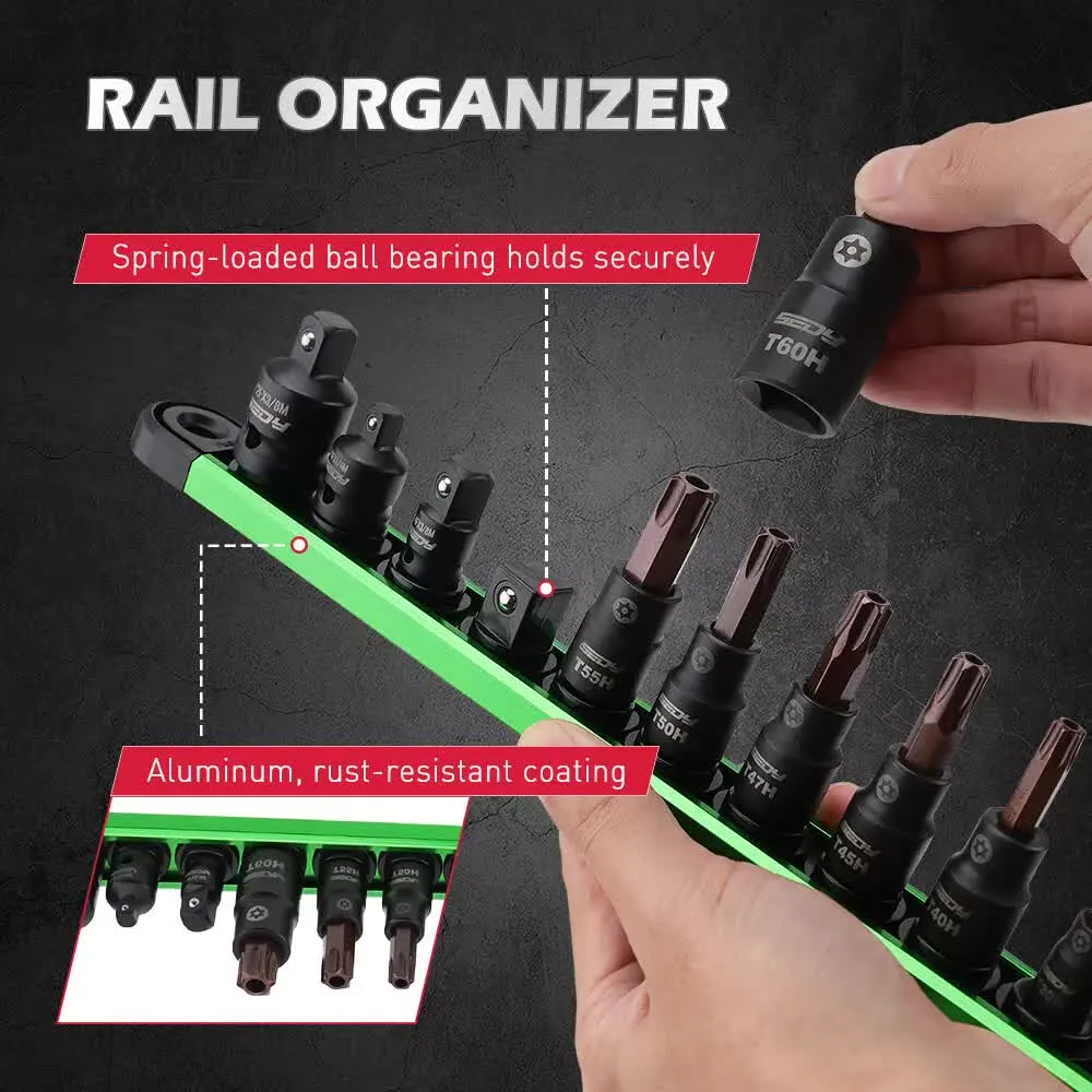 16-Piece Torx Star Bit Socket Set | Magnetic Socket Rail Organizer | T8-T60 Adapters