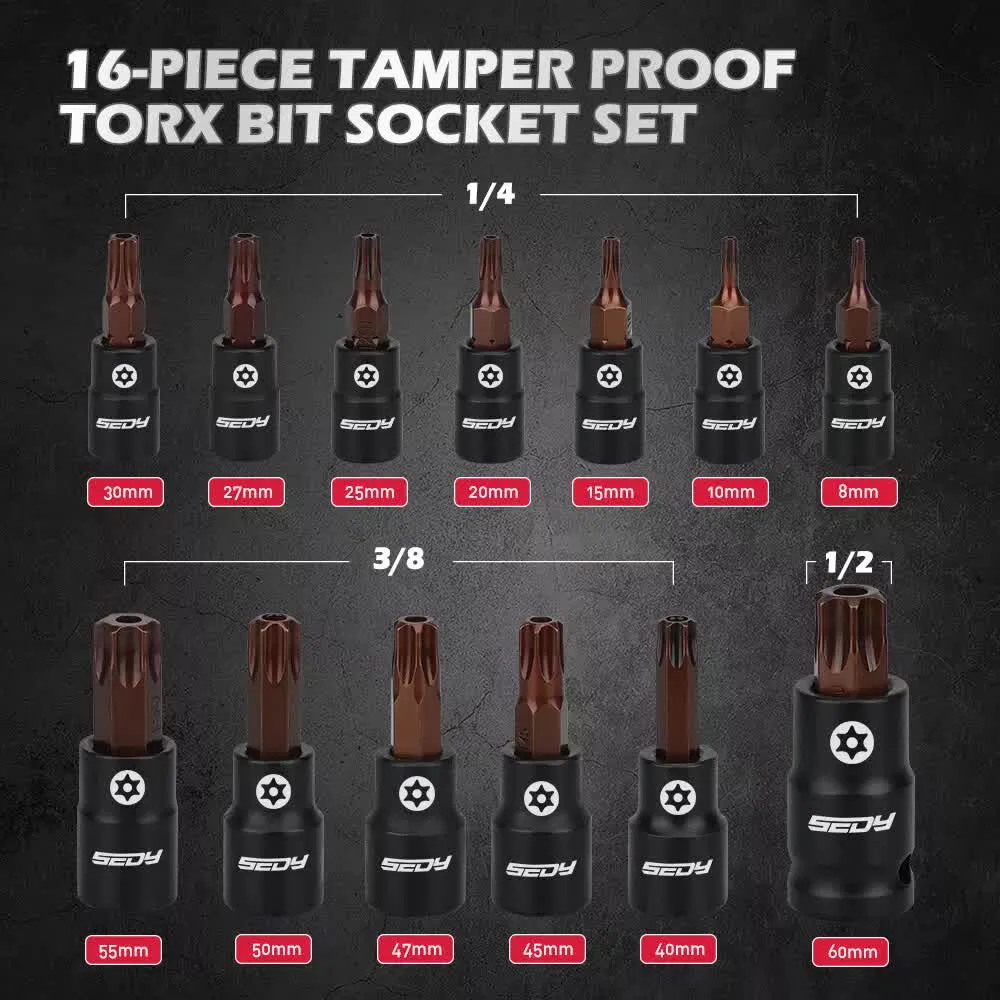 16-Piece Torx Star Bit Socket Set | Magnetic Socket Rail Organizer | T8-T60 Adapters