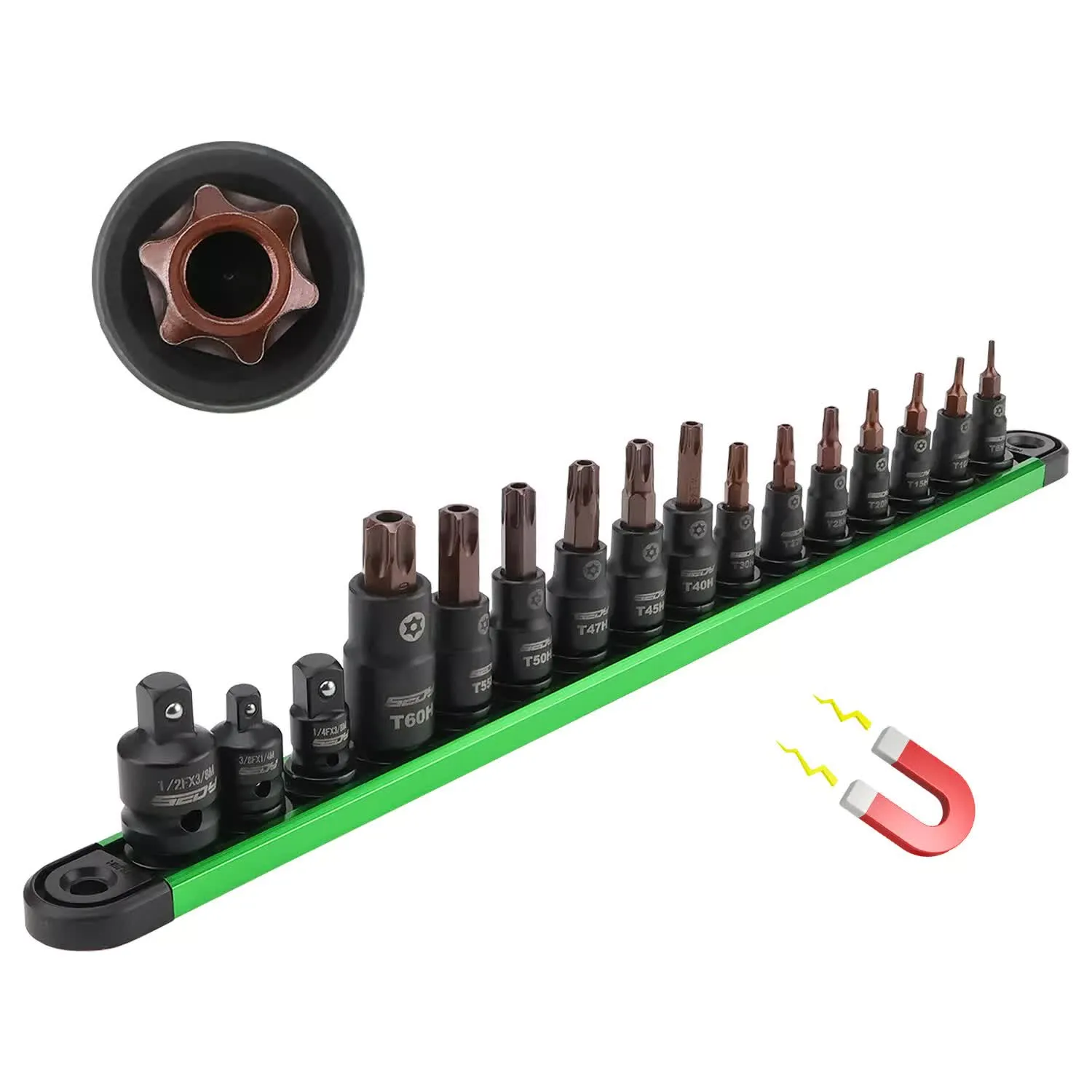 16-Piece Torx Star Bit Socket Set | Magnetic Socket Rail Organizer | T8-T60 Adapters