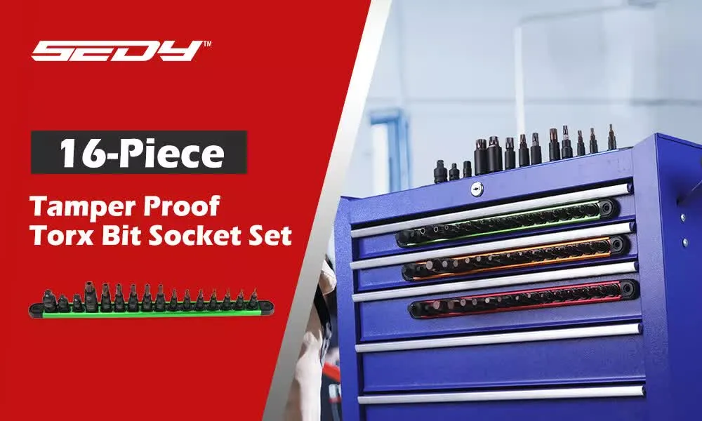 16-Piece Torx Star Bit Socket Set | Magnetic Socket Rail Organizer | T8-T60 Adapters