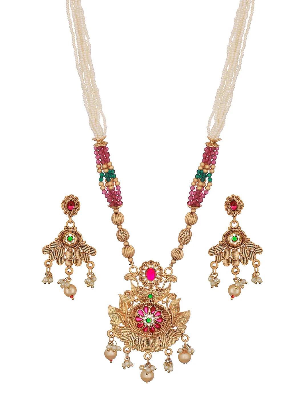 24K Gold-Plated Red Stone Studded & Purple Beaded Handcrafted Traditional Necklace Set