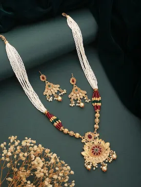 24K Gold-Plated Red Stone Studded & Purple Beaded Handcrafted Traditional Necklace Set