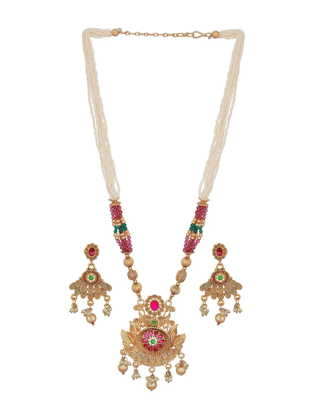 24K Gold-Plated Red Stone Studded & Purple Beaded Handcrafted Traditional Necklace Set