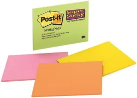 3M Super Sticky Large Format Notes' 8 X 6' Lined' Four Colors' 4 45-Sheet Pads/Pack