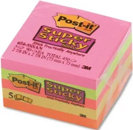 3M Super Sticky Notes 3 X 3 Asstd Neon/Electric 5 90-Sheet Pads/Pack