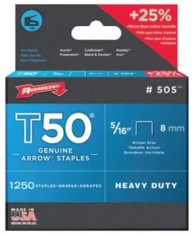 Arrow Fastener T50 Type Staples, 5/16 in L x 3/8 in W, 505