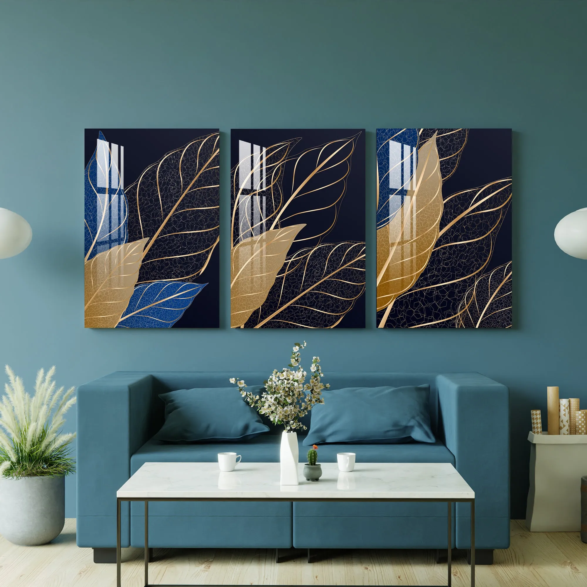 Blue, Golden & Black Leaf Acrylic Wall Art (Set of 3)