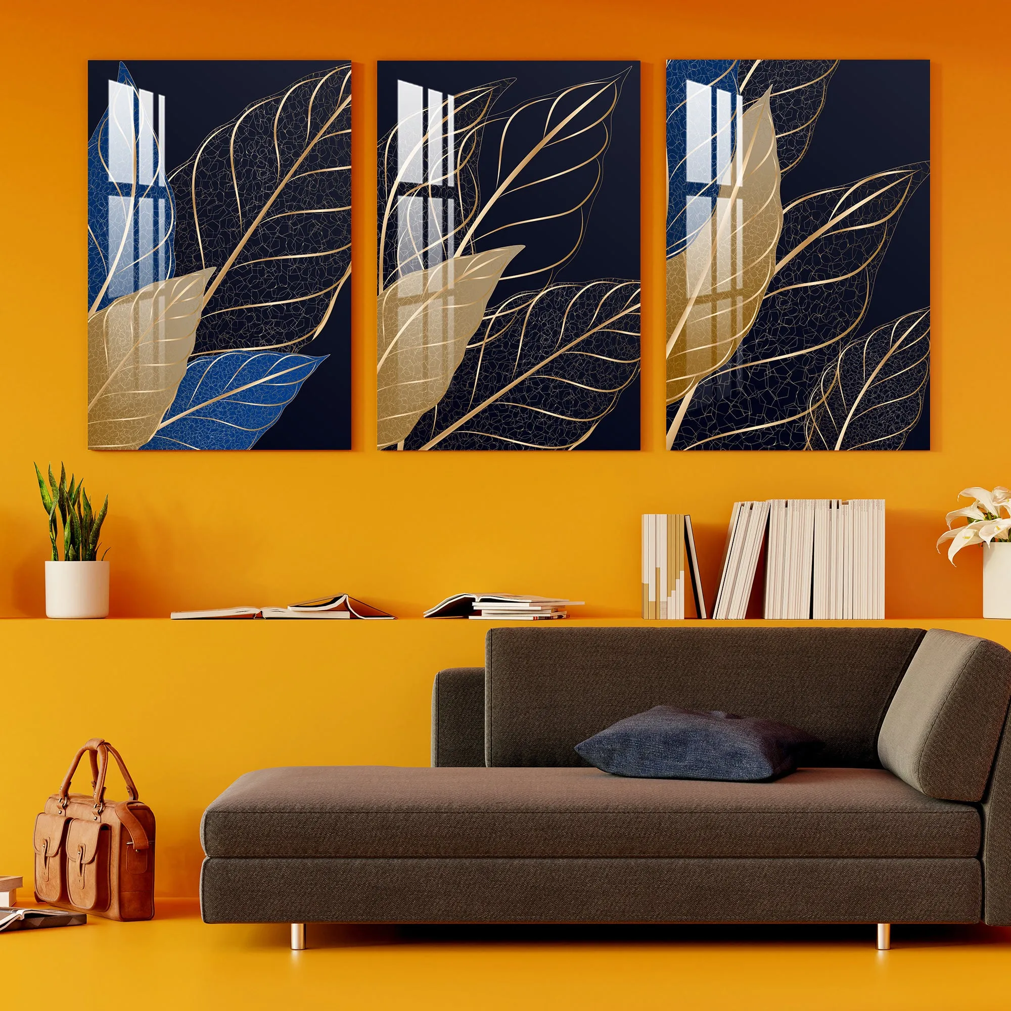 Blue, Golden & Black Leaf Acrylic Wall Art (Set of 3)