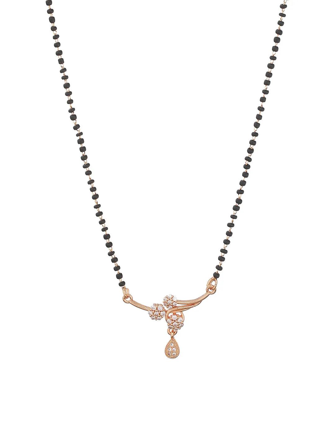 Gold-Plated Black Beaded & White Ad Stone-Studded Floral Shaped Mangalsutra