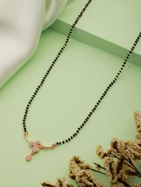 Gold-Plated Black Beaded & White Ad Stone-Studded Floral Shaped Mangalsutra