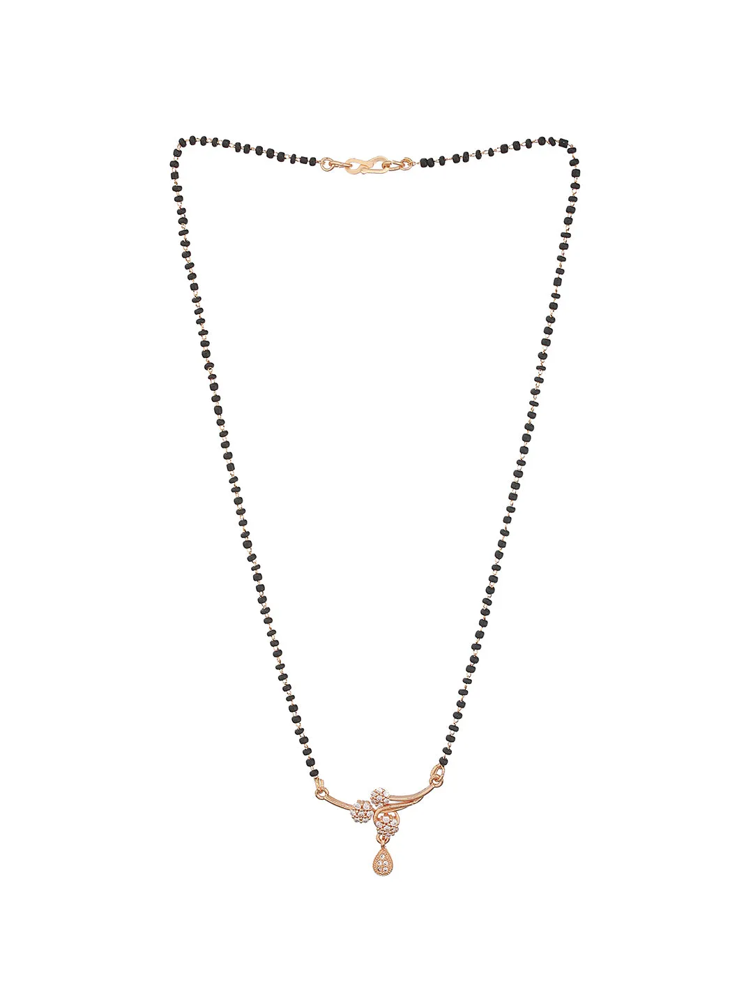 Gold-Plated Black Beaded & White Ad Stone-Studded Floral Shaped Mangalsutra
