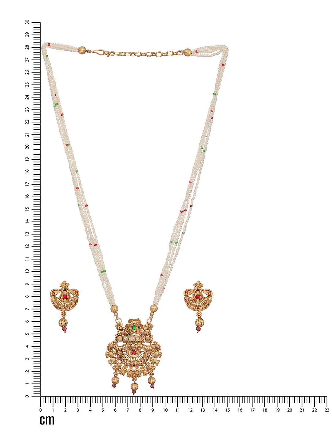Gold-Plated Red Stone Studded & White Pearl Beaded Traditional Jewellery Set