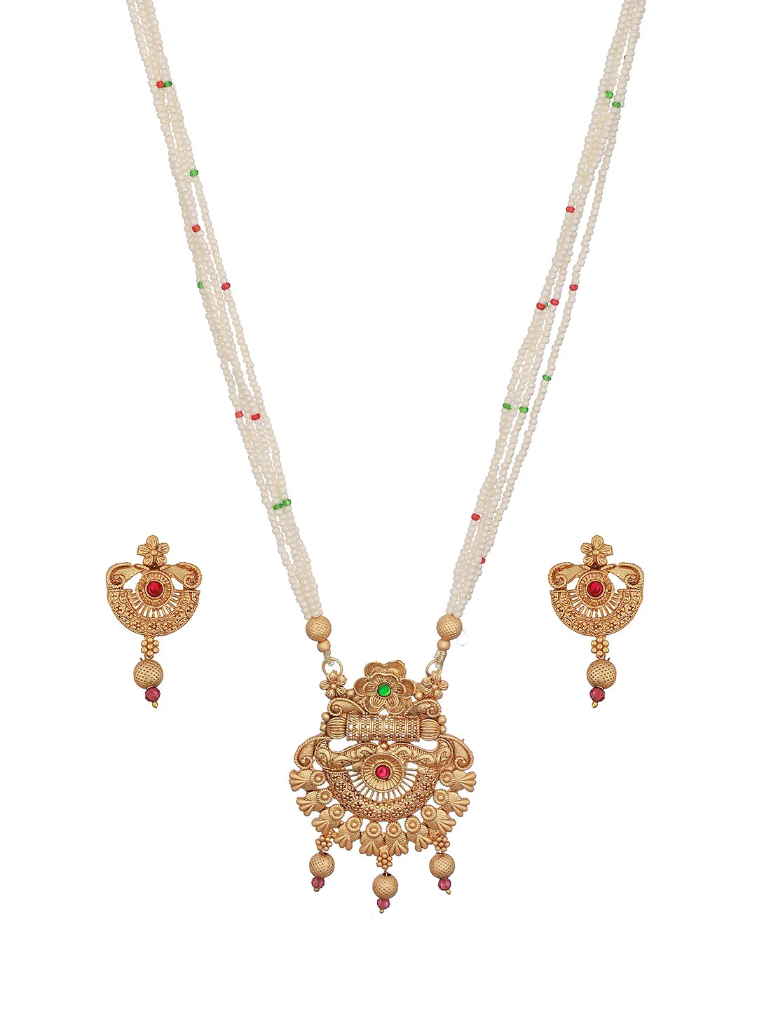 Gold-Plated Red Stone Studded & White Pearl Beaded Traditional Jewellery Set
