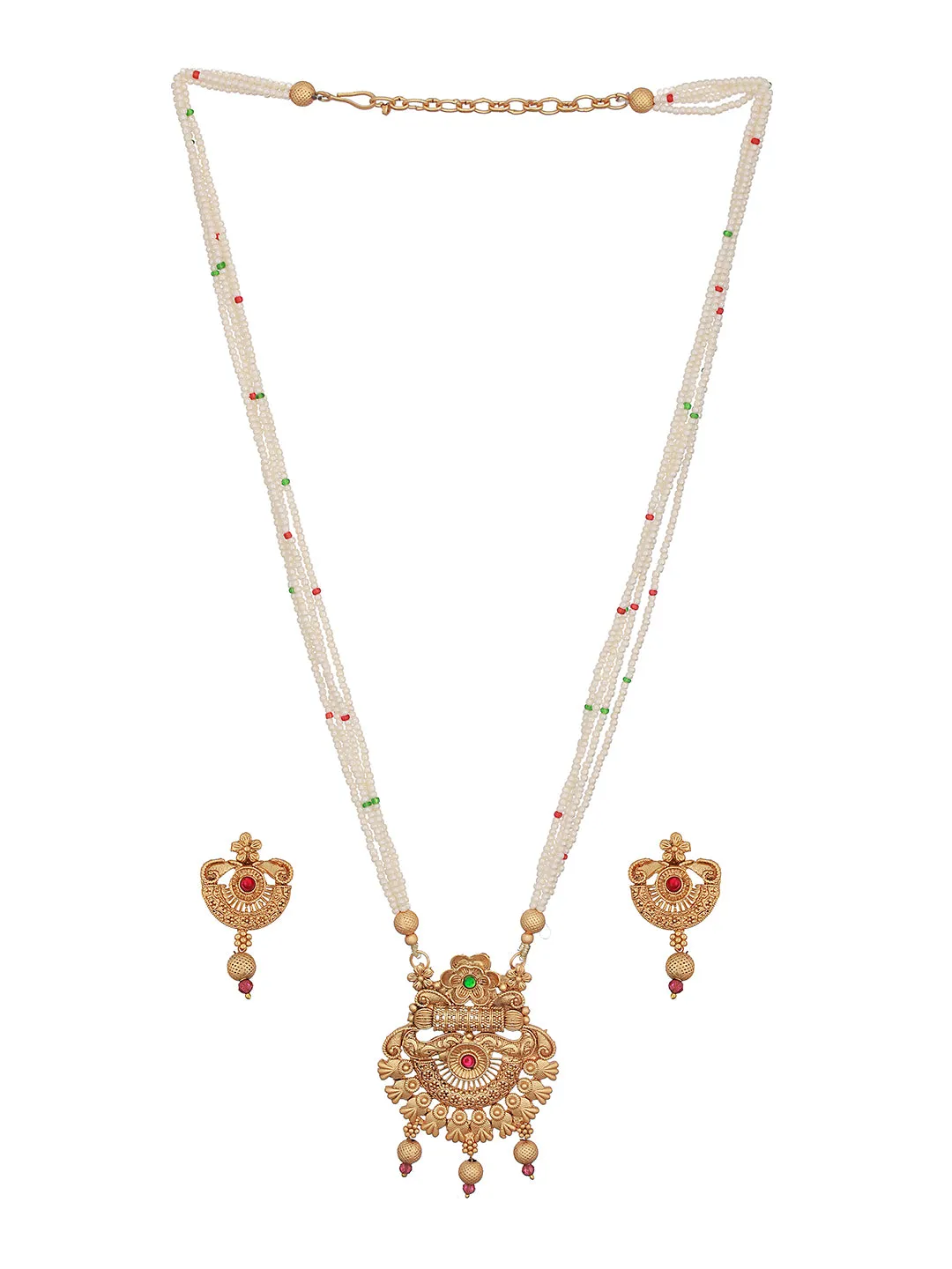 Gold-Plated Red Stone Studded & White Pearl Beaded Traditional Jewellery Set