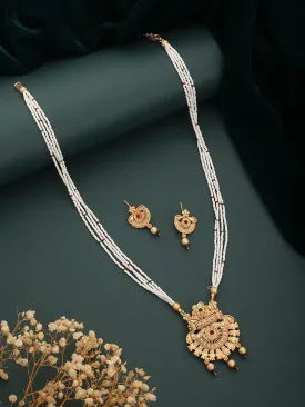 Gold-Plated Red Stone Studded & White Pearl Beaded Traditional Jewellery Set