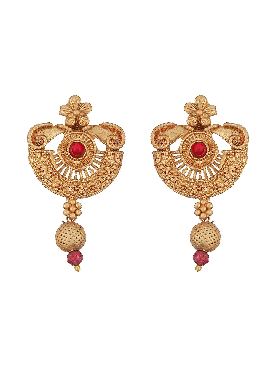 Gold-Plated Red Stone Studded & White Pearl Beaded Traditional Jewellery Set