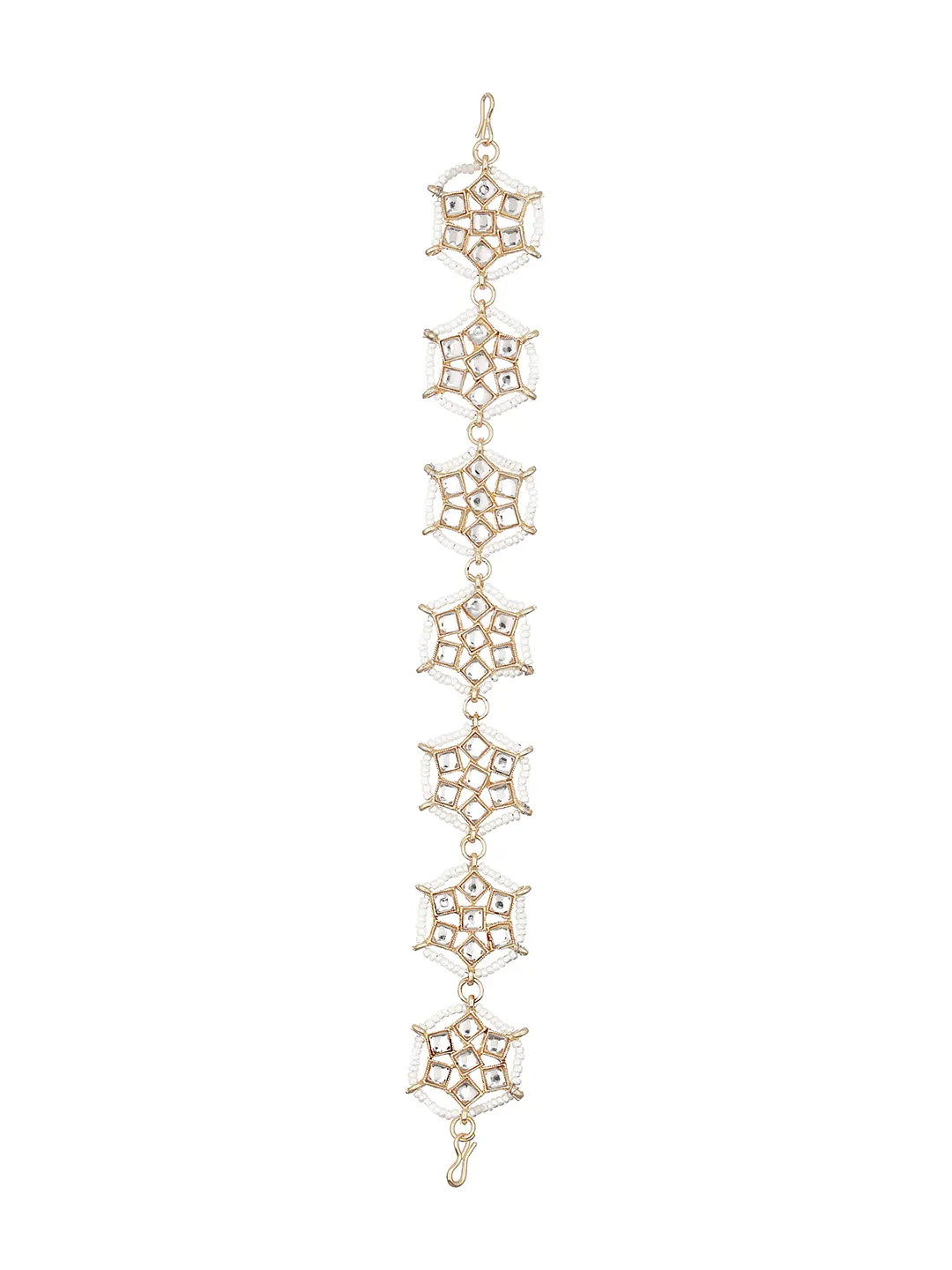 Gold-Plated White Kundan & Pearl Studded Sheeshphool Mathapatti