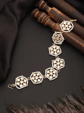 Gold-Plated White Kundan & Pearl Studded Sheeshphool Mathapatti