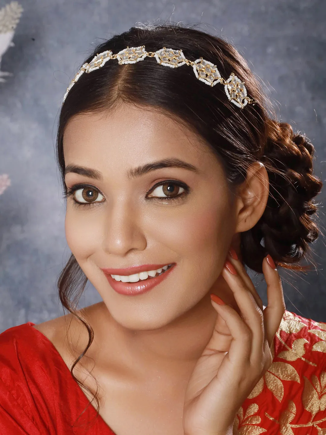 Gold-Plated White Kundan & Pearl Studded Sheeshphool Mathapatti