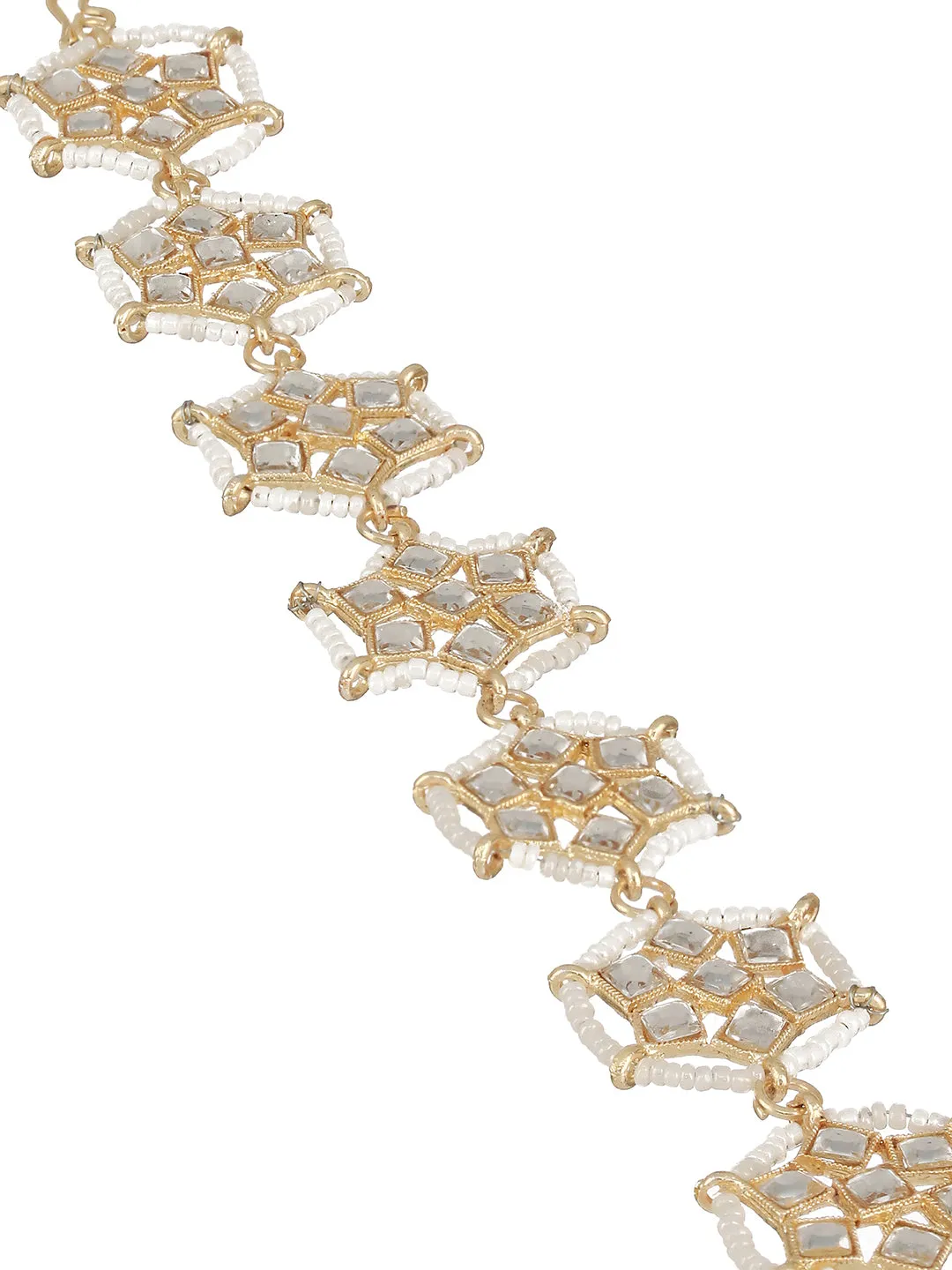 Gold-Plated White Kundan & Pearl Studded Sheeshphool Mathapatti