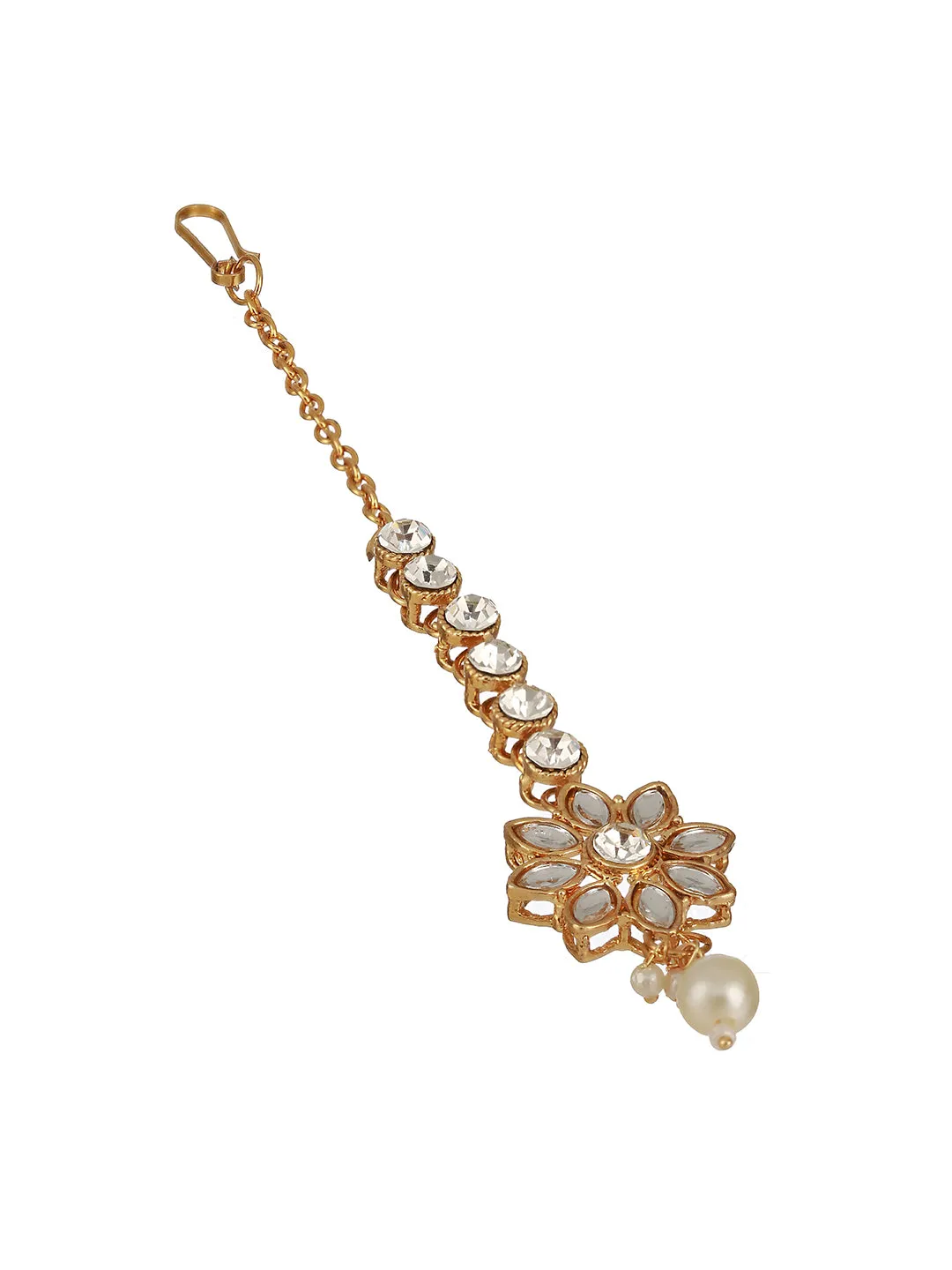 Gold-Plated White Kundan Stone-Studded & Pearl Drop Maang Tikka