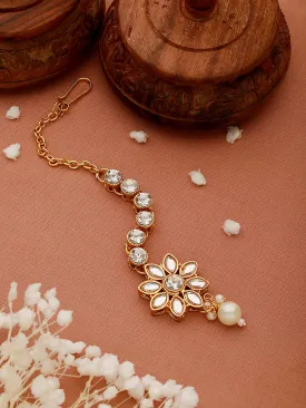 Gold-Plated White Kundan Stone-Studded & Pearl Drop Maang Tikka
