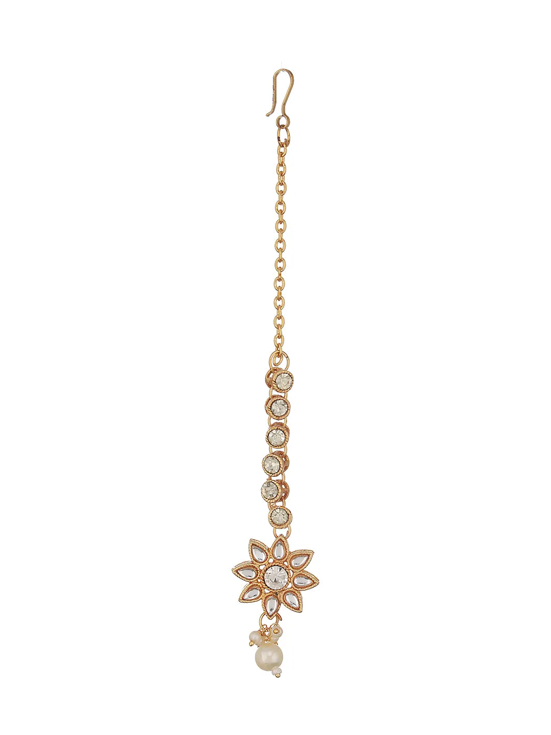 Gold-Plated White Kundan Stone-Studded & Pearl Drop Maang Tikka