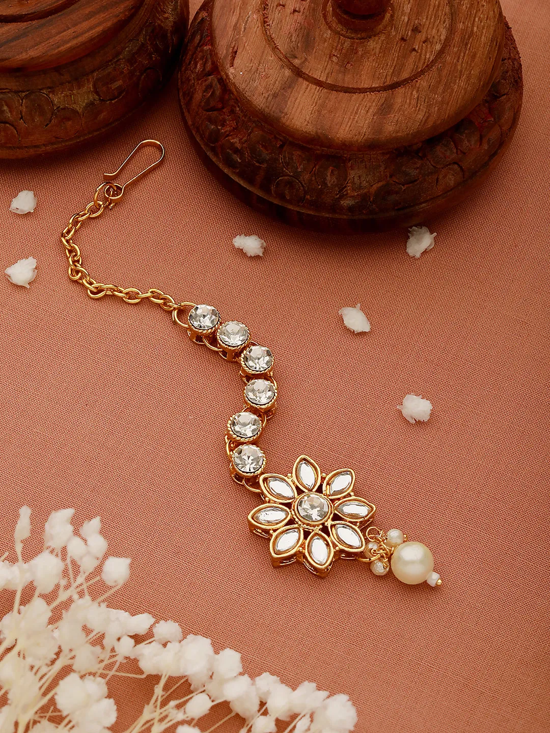 Gold-Plated White Kundan Stone-Studded & Pearl Drop Maang Tikka