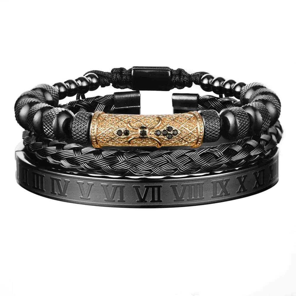 Luxury 3pcs/Set Flower Cross Charm Bangles Stainless Steel Men Bracelet, Enamel Roman Number Europe Fashion Jewelry