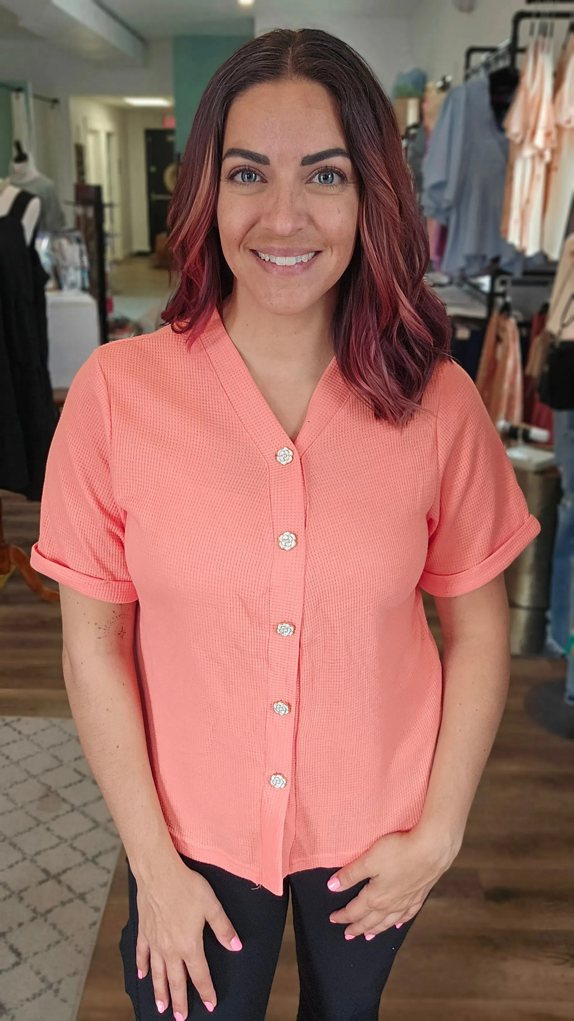 Morgan Rose Button Waffle Top