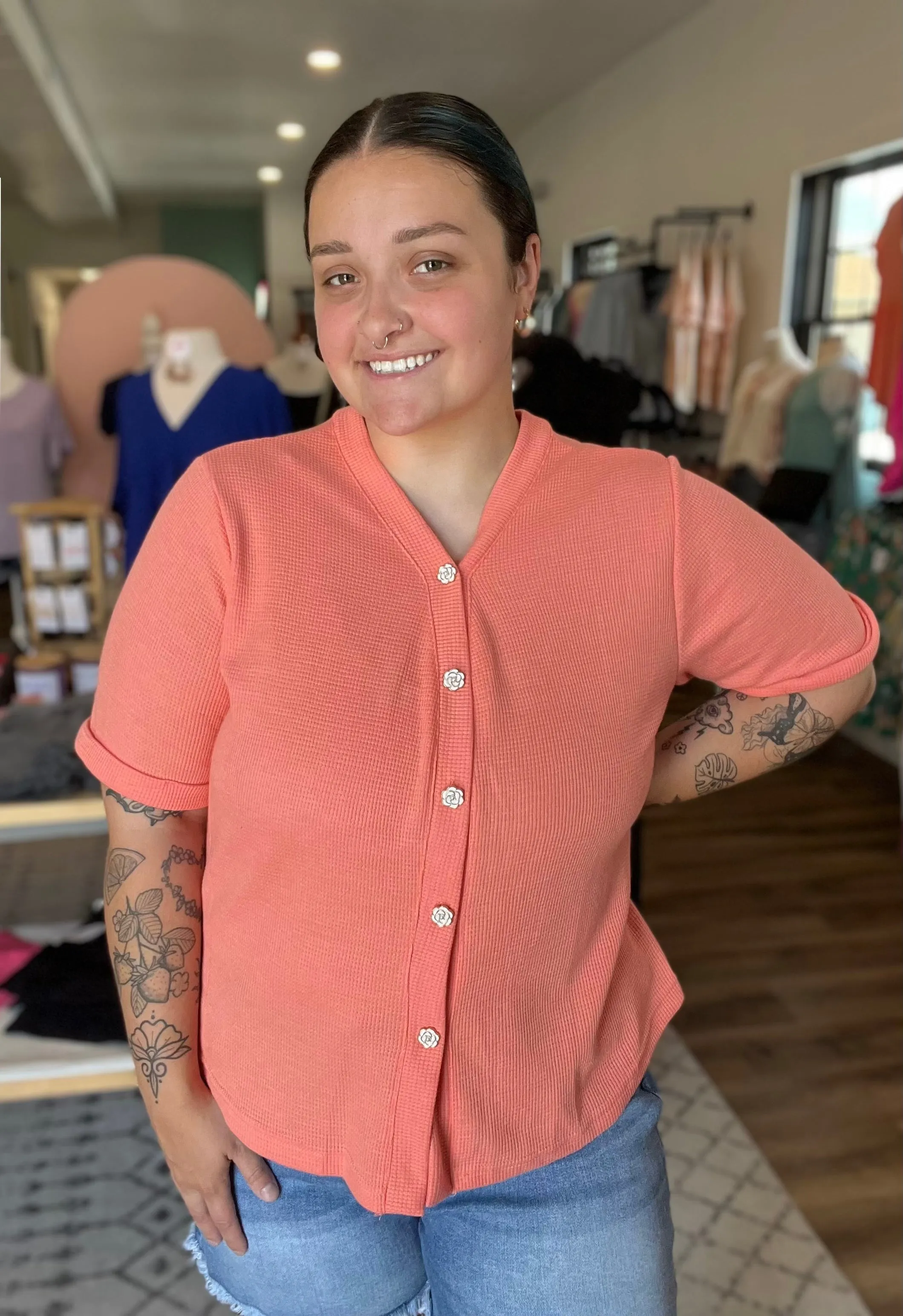 Morgan Rose Button Waffle Top