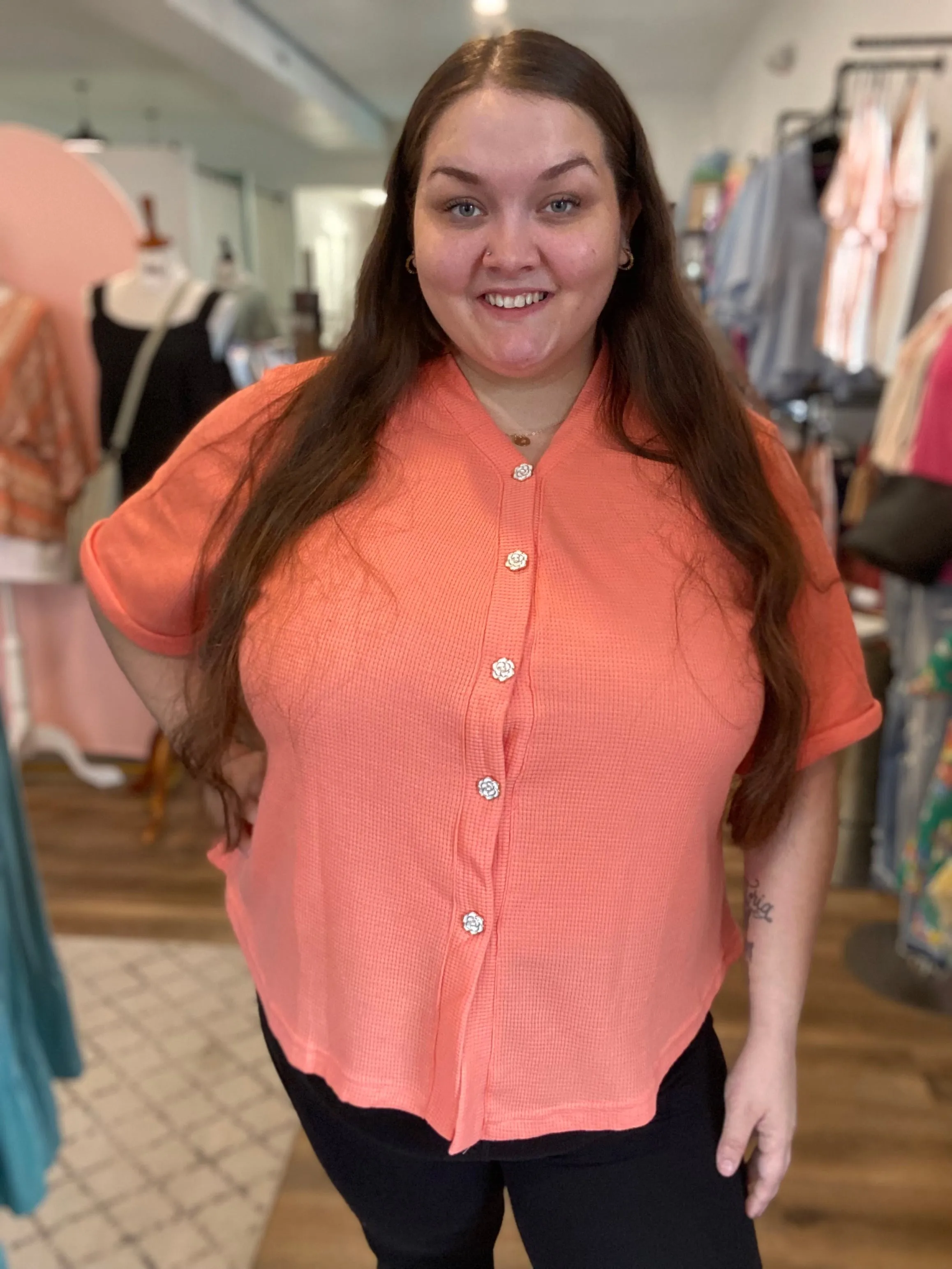Morgan Rose Button Waffle Top