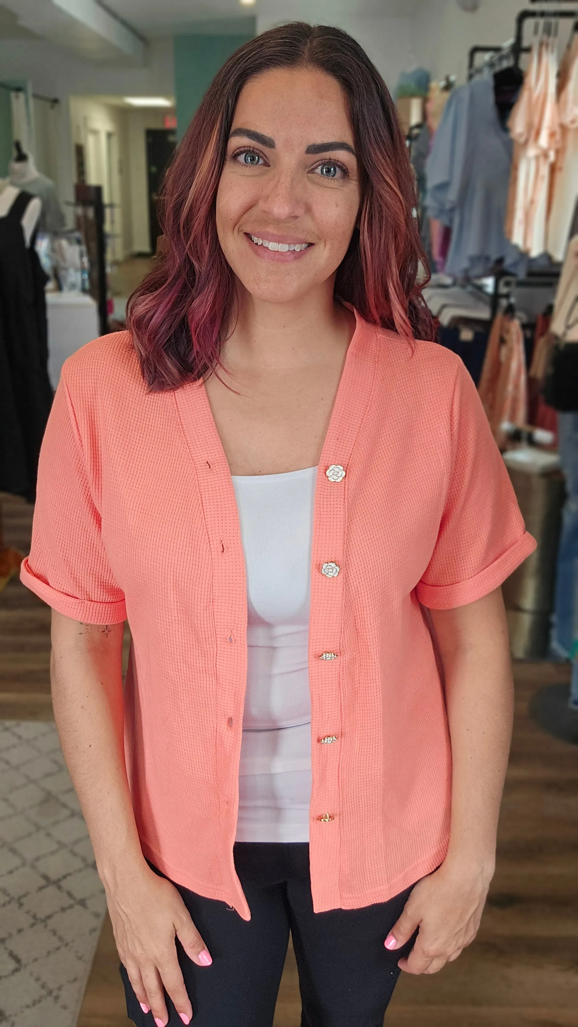 Morgan Rose Button Waffle Top