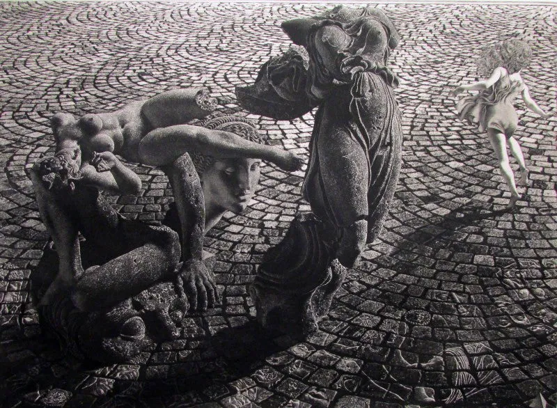 "The Stones" by David Bumbeck - Allegorical Figurative Black and White Etching