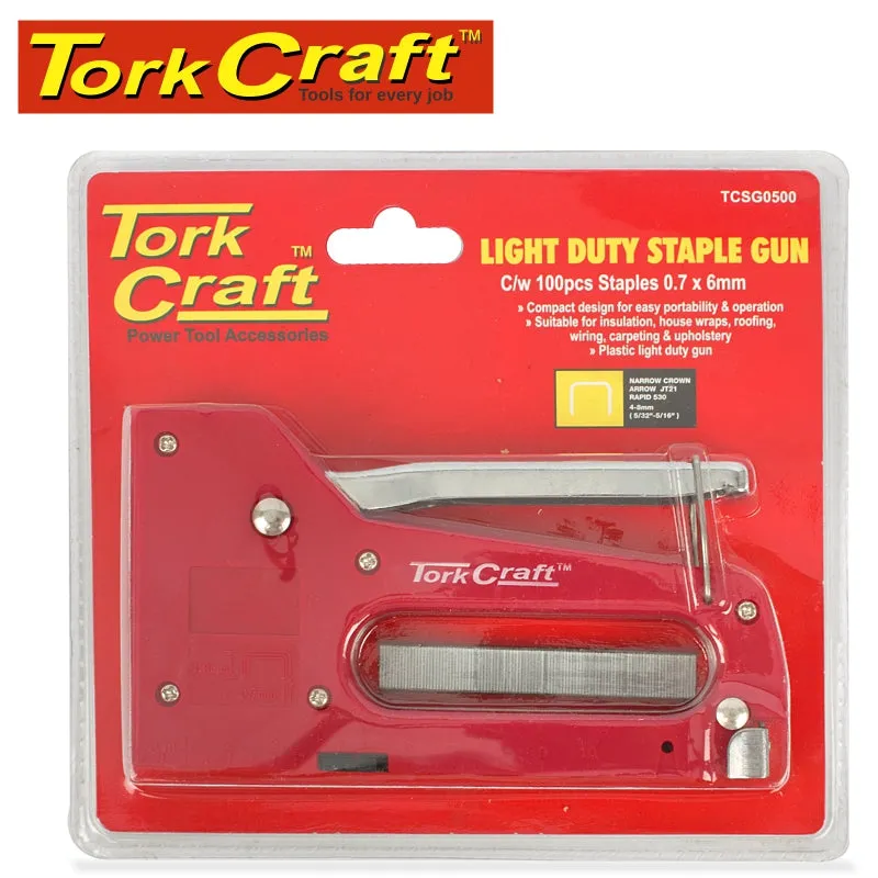 TORK CRAFT STAPLE GUN 21G 6 - 8MM L/DUTY JT21 WITH 100PC 0.7MMX8MM TCSG0500