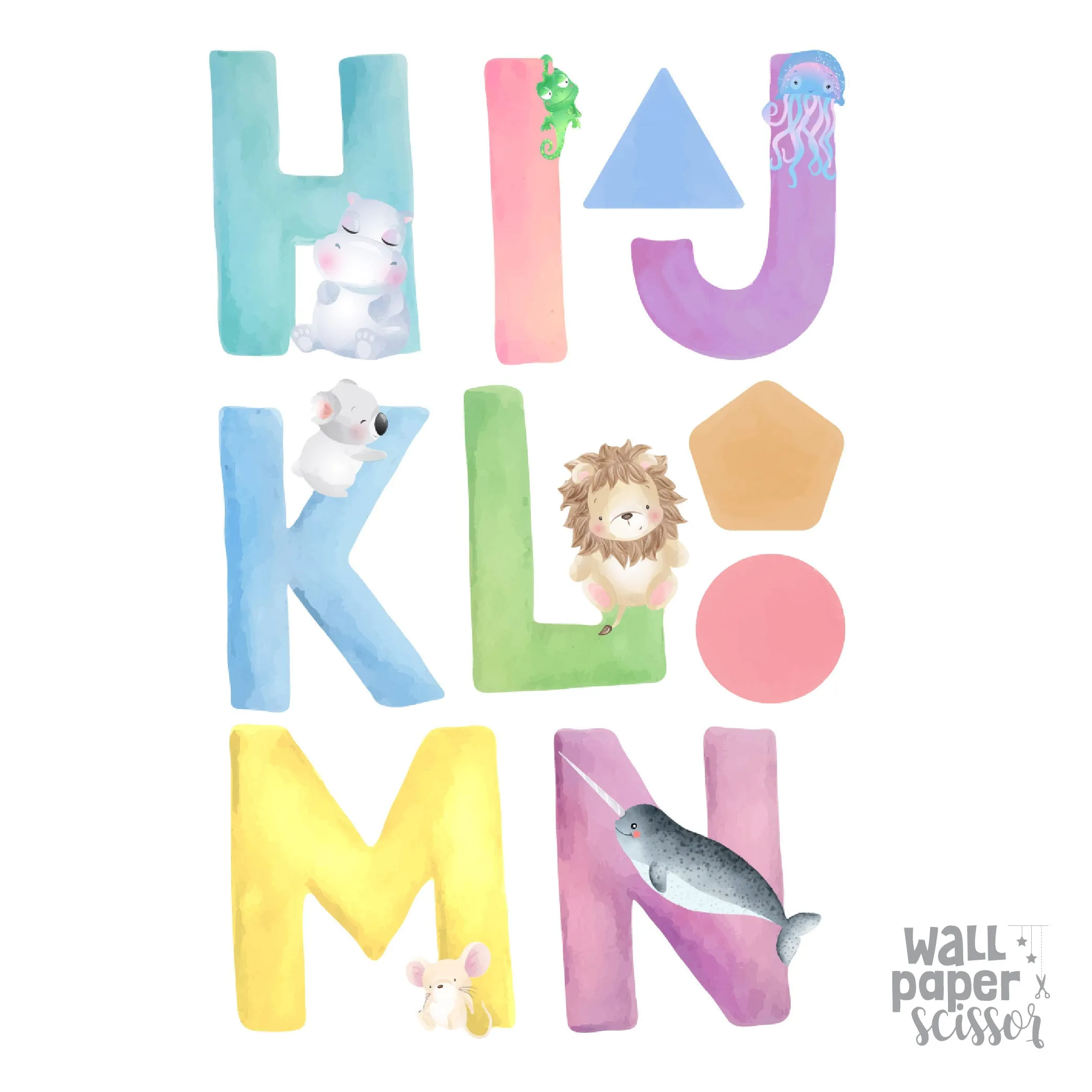Watercolour Alphabets & Shapes Wall Stickers