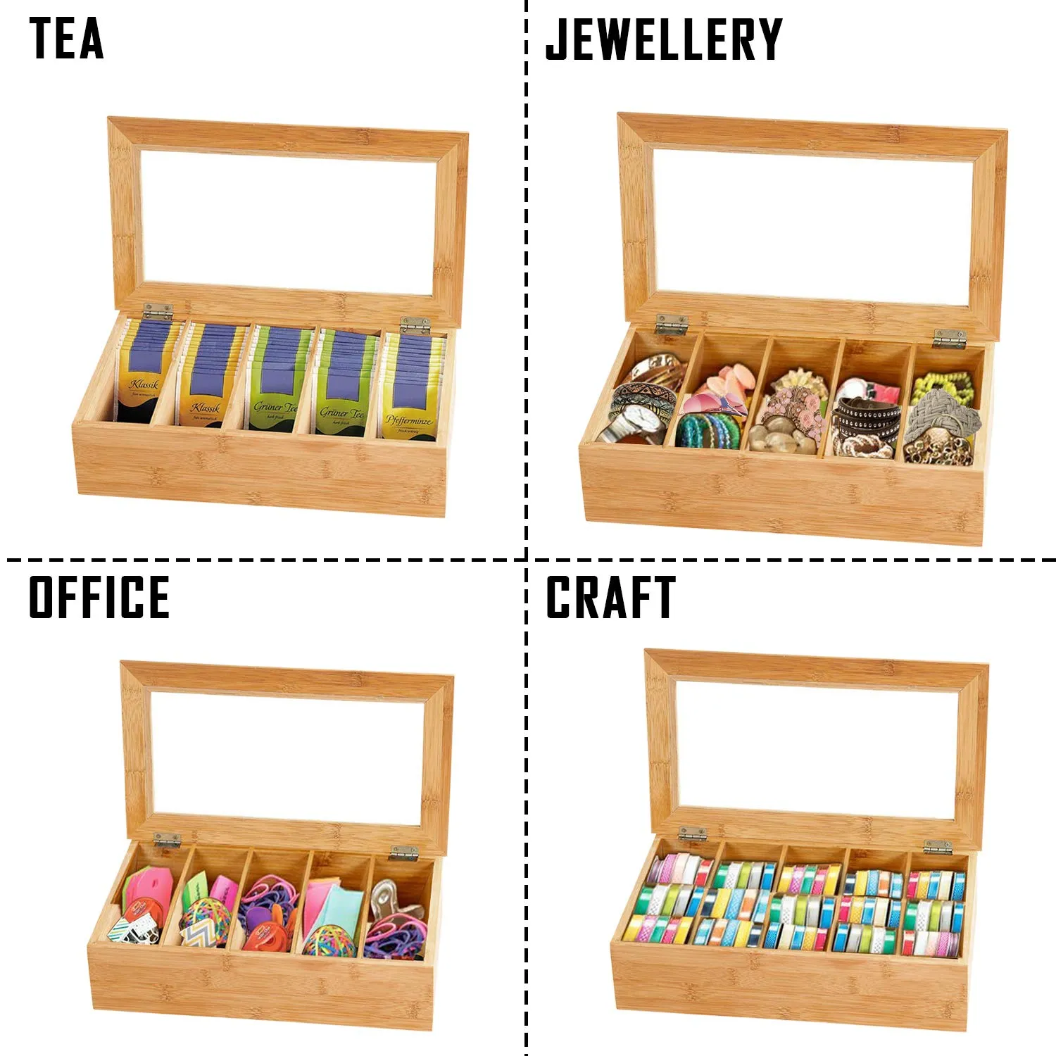 White Whale Eco-Friendly Wooden Tea Box Organizer Storage Box with 5 Compartment Chest Box, 36.5 X 20 X 10 cm