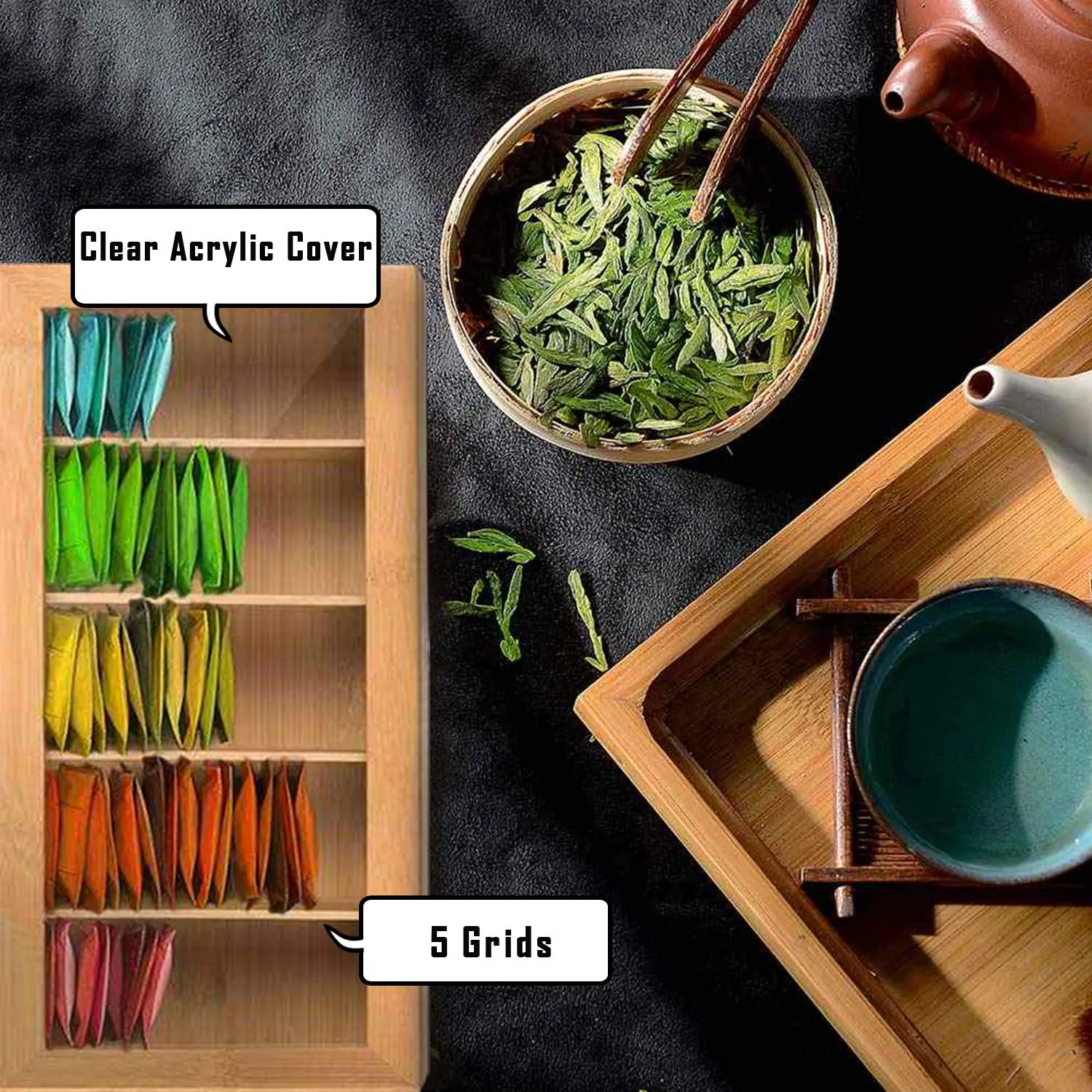 White Whale Eco-Friendly Wooden Tea Box Organizer Storage Box with 5 Compartment Chest Box, 36.5 X 20 X 10 cm