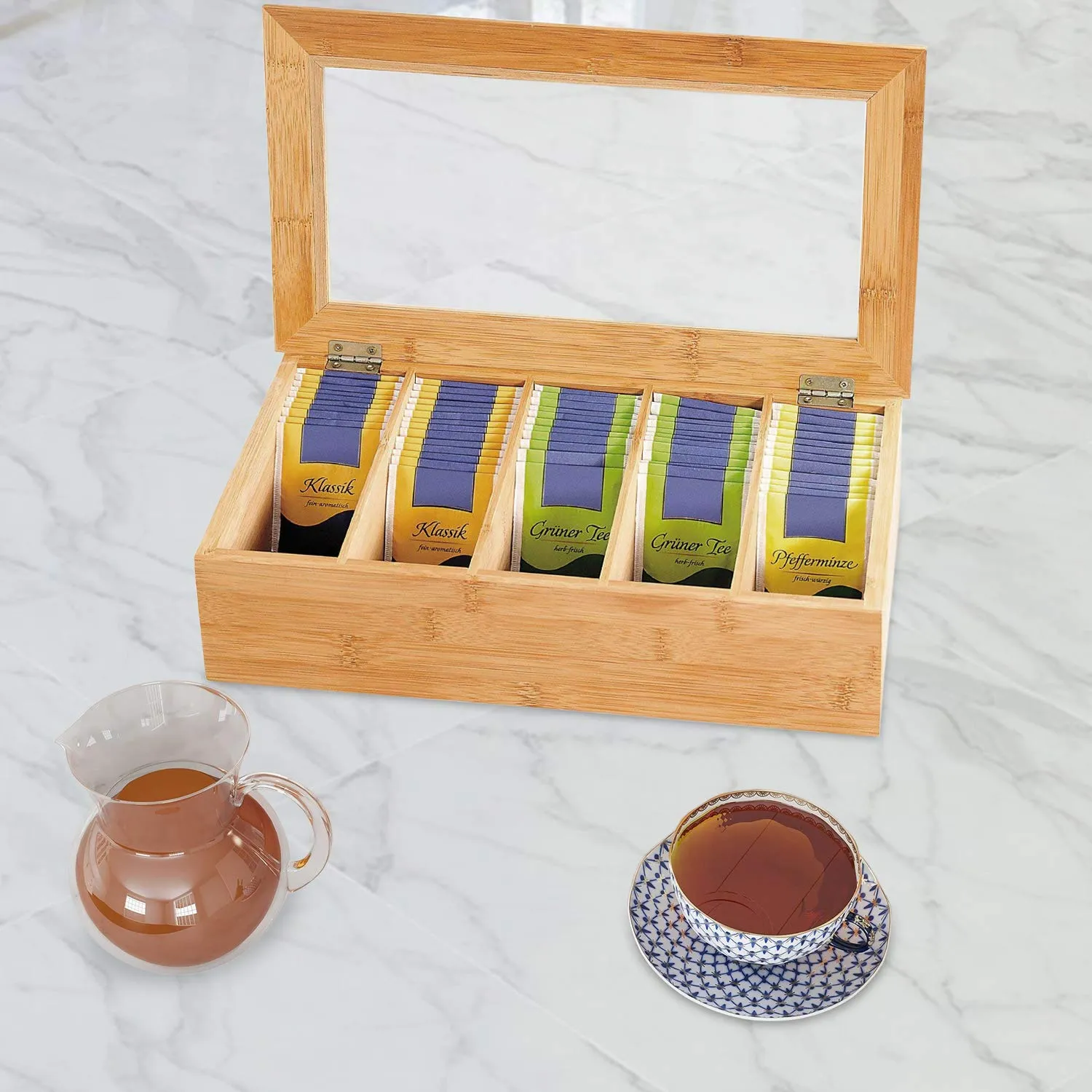 White Whale Eco-Friendly Wooden Tea Box Organizer Storage Box with 5 Compartment Chest Box, 36.5 X 20 X 10 cm