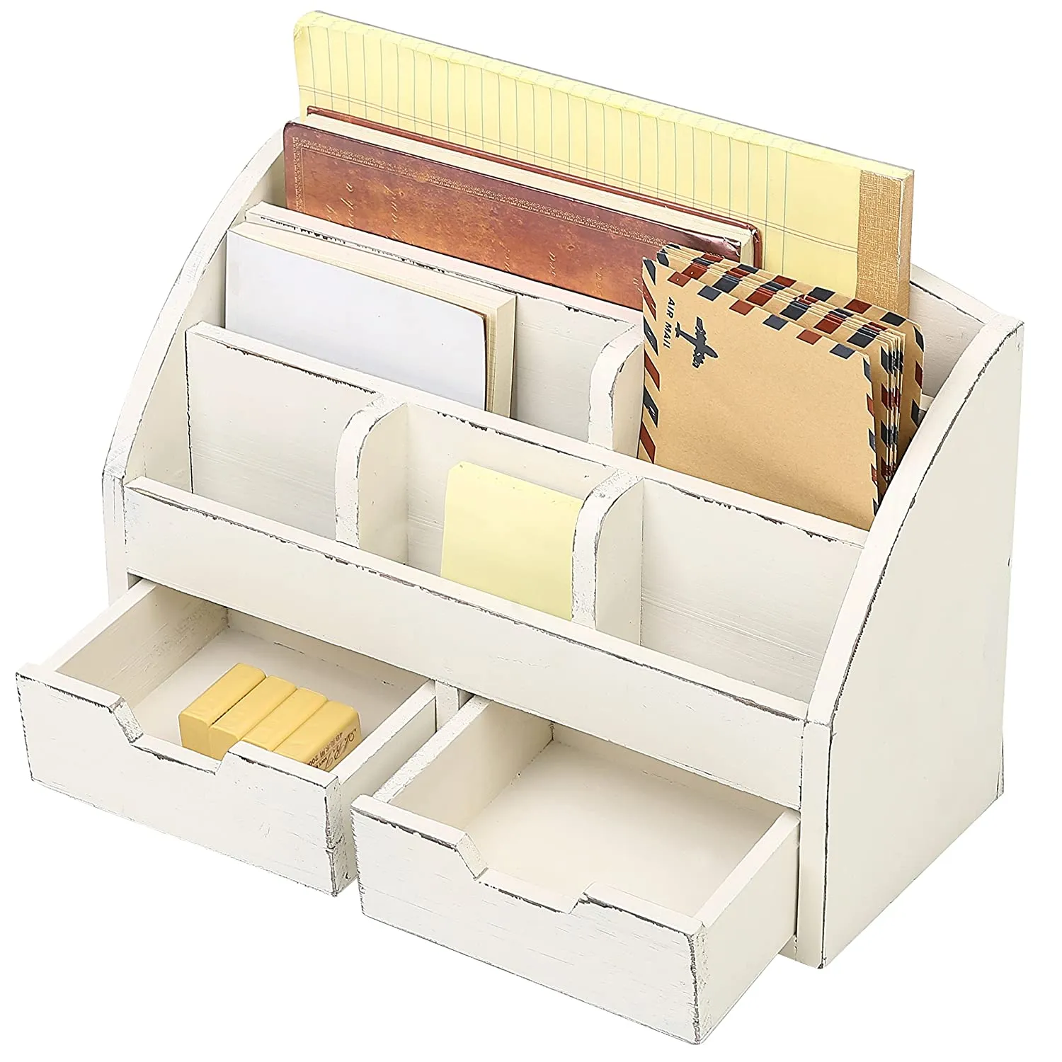 White Whale Wooden Desk Organizer, 6 Compartment 2 Drawer Supplies Rack