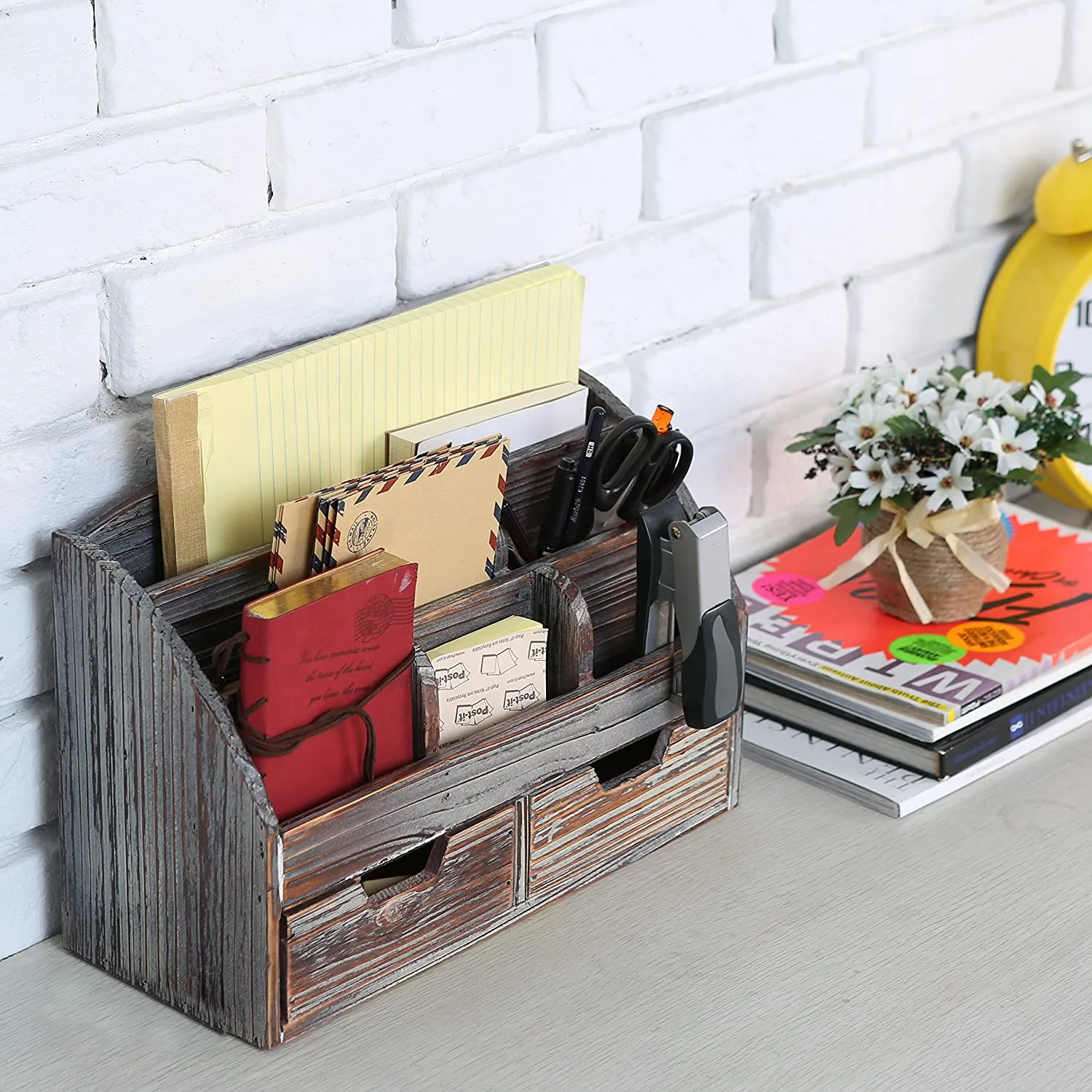 White Whale Wooden Desk Organizer, 6 Compartment 2 Drawer Supplies Rack